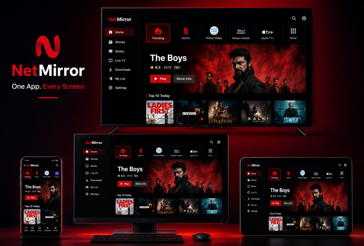 NetMirror app open on a TV, computer, tablet and phone, all showing the same movies and series
