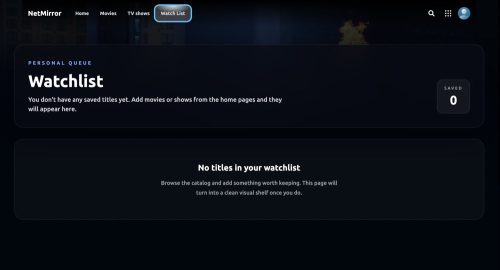 NetMirror Watch List screen